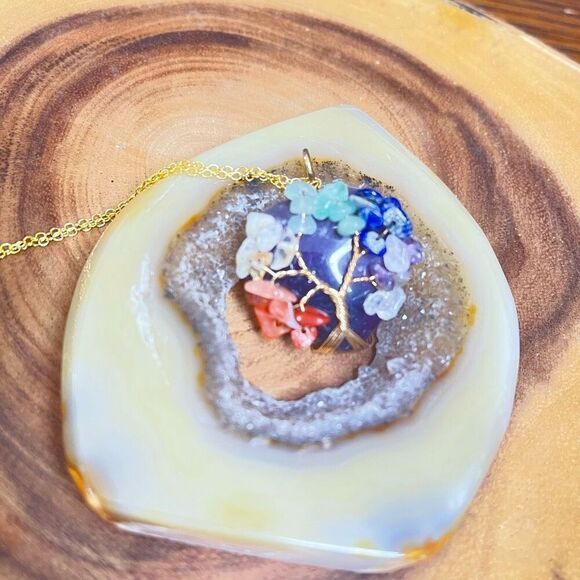Tree Of Life chakra pendant crystal healing reiki heart amethyst gold tone chain - Picture 3 of 10